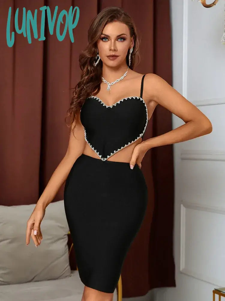 Lunivop Women Summer Sexy Sleeveless Heart Crystal Diamonds Black Mini Bodycon Dress Bandage Set