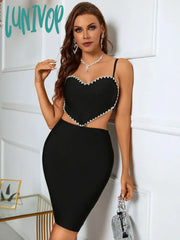 Lunivop Women Summer Sexy Sleeveless Heart Crystal Diamonds Black Mini Bodycon Dress Bandage Set