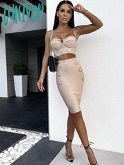 Lunivop Women Summer Sexy Sleeveless V Neck Button Black Beige Hot Pink Mini Bodycon Bandage Set