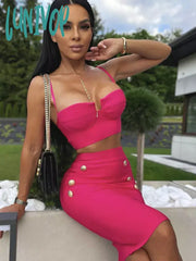 Lunivop Women Summer Sexy Sleeveless V Neck Button Black Beige Hot Pink Mini Bodycon Bandage Set