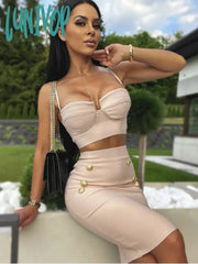 Lunivop Women Summer Sexy Sleeveless V Neck Button Black Beige Hot Pink Mini Bodycon Bandage Set