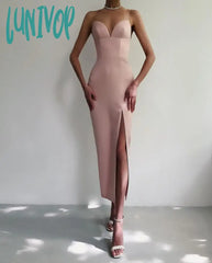 Lunivop Women Summer Sexy Sleeveless V Neck Split Knee Length Midi White Bodycon Bandage Dress