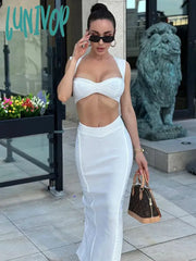 Lunivop Women Summer Sexy Square Collar Cut Out White Mid-Calf Bodycon Bandage Dress Elegant