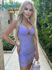 Lunivop Women Summer Sexy Square Collar Purple Diamonds Sparkly Bodycon Bandage Skirt Set Knitted