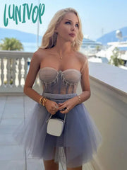 Lunivop Women Summer Sexy Strapless Backless Diamonds Pleated Mini Ball Gowns Bodycon Dress Elegant