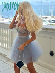 Lunivop Women Summer Sexy Strapless Backless Diamonds Pleated Mini Ball Gowns Bodycon Dress Elegant