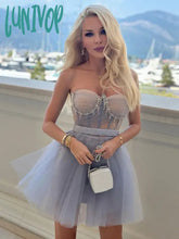 Lunivop Women Summer Sexy Strapless Backless Diamonds Pleated Mini Ball Gowns Bodycon Dress Elegant