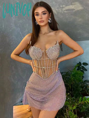 Lunivop Women Summer Sexy Strapless Backless Diamonds Sparkly Beige Mini Bodycon Gowns Dress