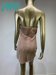 Lunivop Women Summer Sexy Strapless Backless Diamonds Sparkly Beige Mini Bodycon Gowns Dress