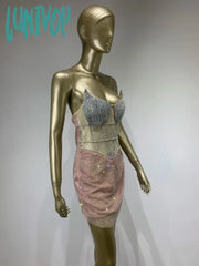 Lunivop Women Summer Sexy Strapless Backless Diamonds Sparkly Beige Mini Bodycon Gowns Dress