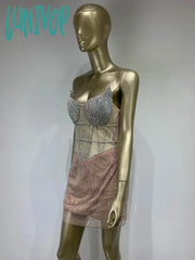 Lunivop Women Summer Sexy Strapless Backless Diamonds Sparkly Beige Mini Bodycon Gowns Dress