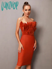Lunivop Women Summer Sexy Strapless Backless Feather Brown Pink Green Midi Bodycon Bandage Dress
