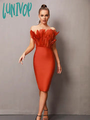 Lunivop Women Summer Sexy Strapless Backless Feather Brown Pink Green Midi Bodycon Bandage Dress