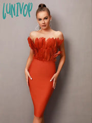 Lunivop Women Summer Sexy Strapless Backless Feather Brown Pink Green Midi Bodycon Bandage Dress