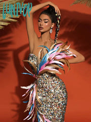 Lunivop Women Summer Sexy Strapless Backless Feather Mesh Sequins Mermaid Maxi Long Dress Elegant