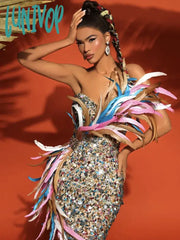 Lunivop Women Summer Sexy Strapless Backless Feather Mesh Sequins Mermaid Maxi Long Dress Elegant