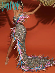 Lunivop Women Summer Sexy Strapless Backless Feather Mesh Sequins Mermaid Maxi Long Dress Elegant