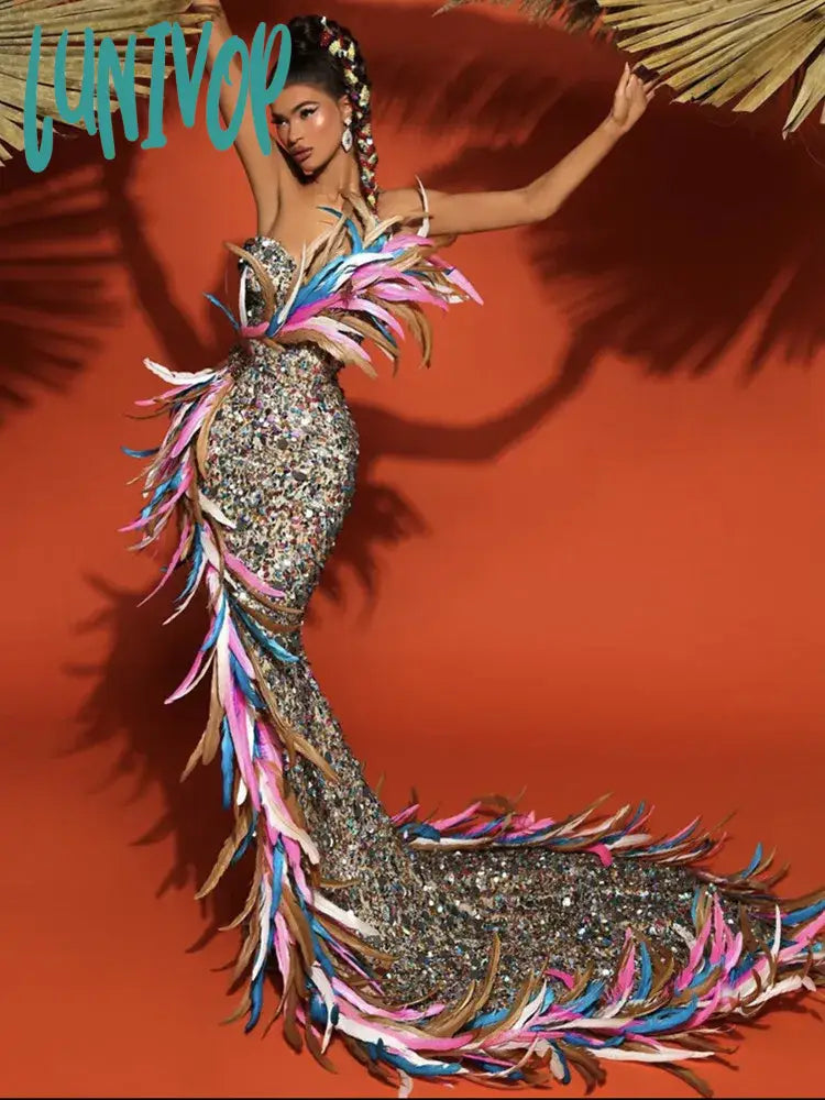 Lunivop Women Summer Sexy Strapless Backless Feather Mesh Sequins Mermaid Maxi Long Dress Elegant