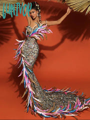 Lunivop Women Summer Sexy Strapless Backless Feather Mesh Sequins Mermaid Maxi Long Dress Elegant