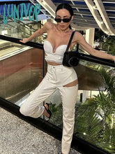 Lunivop Women Summer Sexy Strapless Backless Leather White Pants Bandage Set Celebrity Designer