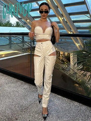 Lunivop Women Summer Sexy Strapless Backless Leather White Pants Bandage Set Celebrity Designer
