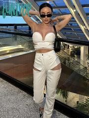 Lunivop Women Summer Sexy Strapless Backless Leather White Pants Bandage Set Celebrity Designer