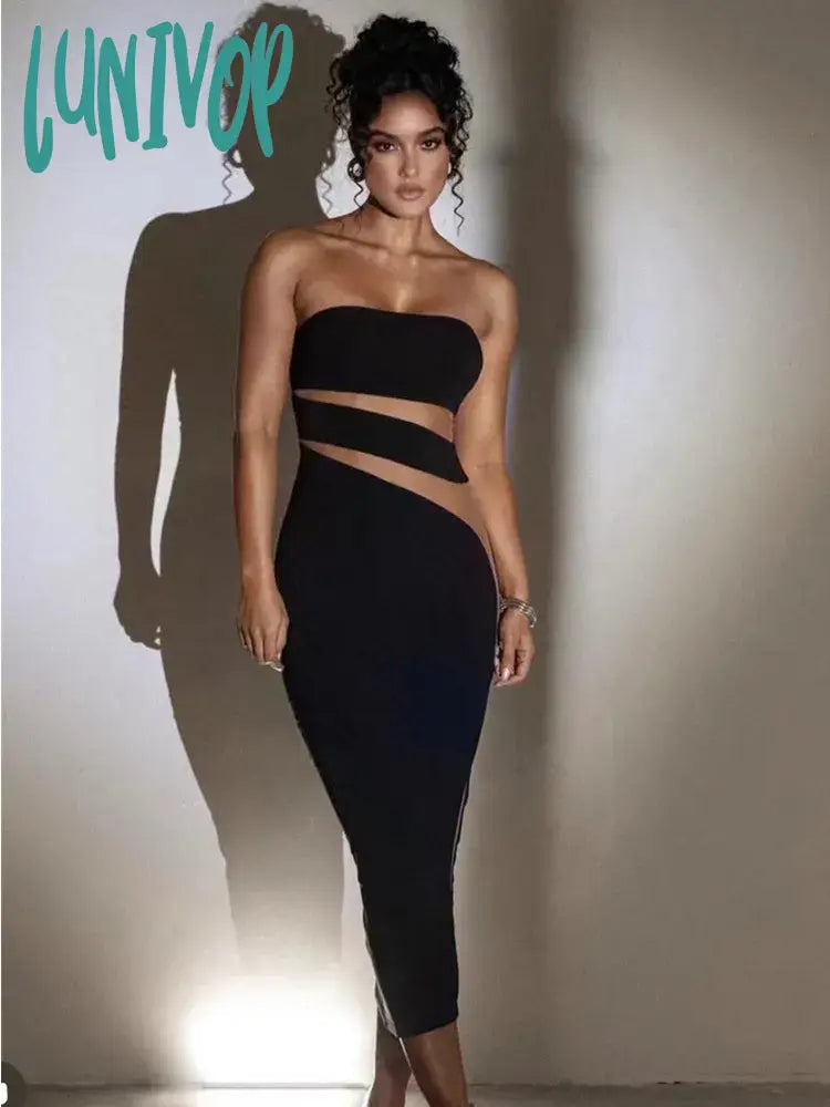 Lunivop Women Summer Sexy Strapless Backless Mesh Black Midi Bodycon Bandage Dress Elegant Party