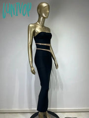 Lunivop Women Summer Sexy Strapless Backless Mesh Black Midi Bodycon Bandage Dress Elegant Party