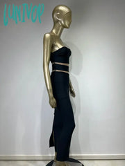 Lunivop Women Summer Sexy Strapless Backless Mesh Black Midi Bodycon Bandage Dress Elegant Party
