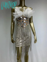 Lunivop Women Summer Sexy Strapless Backless Mirror Feather Diamonds Sparkly Mini Bodycon Dress