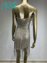 Lunivop Women Summer Sexy Strapless Backless Mirror Feather Diamonds Sparkly Mini Bodycon Dress