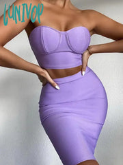 Lunivop Women Summer Sexy Strapless Backless Purple Black Pink Two Piece Mini Bandage Set Celebrity