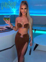 Lunivop Women Summer Sexy Strapless Backless Sequined Green Brown Black Two Piece Crop Top Bandage