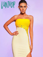 Lunivop Women Summer Sexy Strapless Backless Studded Beading Midi Bodycon Bandage Dress Elegant