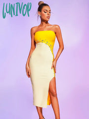 Lunivop Women Summer Sexy Strapless Backless Studded Beading Midi Bodycon Bandage Dress Elegant