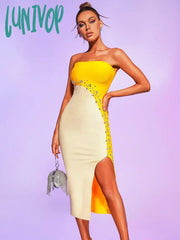 Lunivop Women Summer Sexy Strapless Backless Studded Beading Midi Bodycon Bandage Dress Elegant