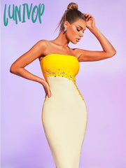 Lunivop Women Summer Sexy Strapless Backless Studded Beading Midi Bodycon Bandage Dress Elegant