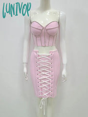 Lunivop Women Summer Sexy Strapless Lace Diamonds Pink Mini Bandage Skirt Set Knitted Elegant