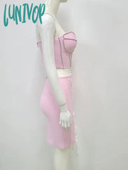 Lunivop Women Summer Sexy Strapless Lace Diamonds Pink Mini Bandage Skirt Set Knitted Elegant