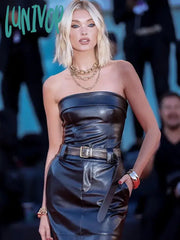 Lunivop Women Summer Sexy Strapless Leather Ankle Length Black Bodycon Two Piece Skirt Set Evening