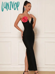 Lunivop Women Summer Sexy Strapless Mesh Flower Pacthwork Black Maxi Long Bandage Dress Elegant