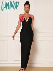 Lunivop Women Summer Sexy Strapless Mesh Flower Pacthwork Black Maxi Long Bandage Dress Elegant