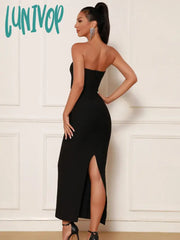 Lunivop Women Summer Sexy Strapless Mesh Flower Pacthwork Black Maxi Long Bandage Dress Elegant