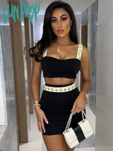 Lunivop Women Summer Sexy Tank Backless Button Patchwork Mini Bodycon Bandage Skirt Set Knitted