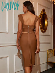Lunivop Women Summer Sexy Tank Backless Ruffle Brown Split Mini Two Piece Bandage Set Evening Party