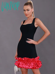 Lunivop Women Summer Sexy Tank Backless Satin Ruffles Black Pink Midi Bandage Dress Elegant Evening