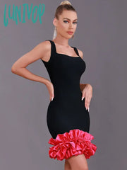 Lunivop Women Summer Sexy Tank Backless Satin Ruffles Black Pink Midi Bandage Dress Elegant Evening