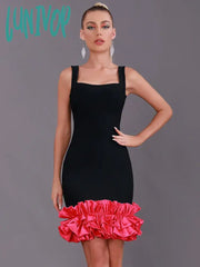 Lunivop Women Summer Sexy Tank Backless Satin Ruffles Black Pink Midi Bandage Dress Elegant Evening