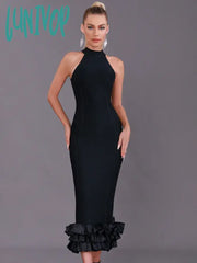 Lunivop Women Summer Sexy Tank Ruffules Satin Black Mid-Calf Bodycon Bandage Dress Elegant Evening
