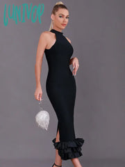 Lunivop Women Summer Sexy Tank Ruffules Satin Black Mid-Calf Bodycon Bandage Dress Elegant Evening